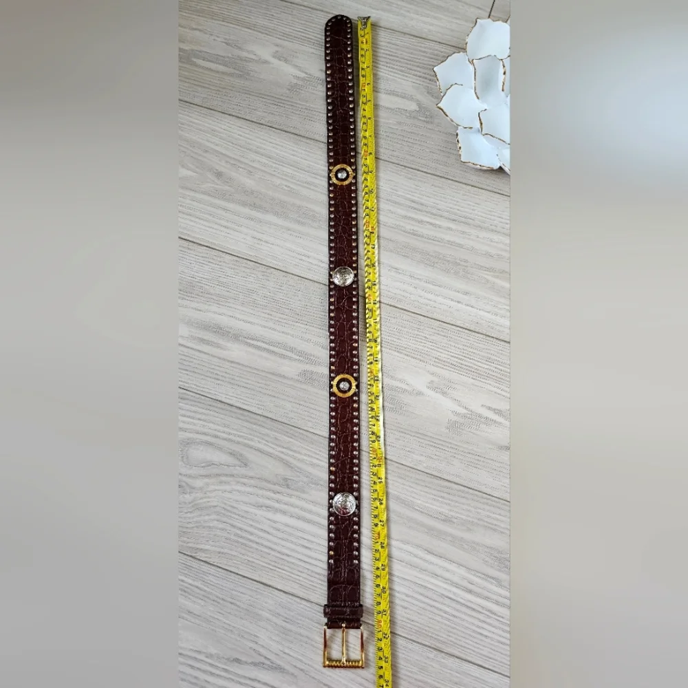 ✨ Vintage Gianni Versace Medusa Studded Leather Belt Brown Croc, Gold & Silver